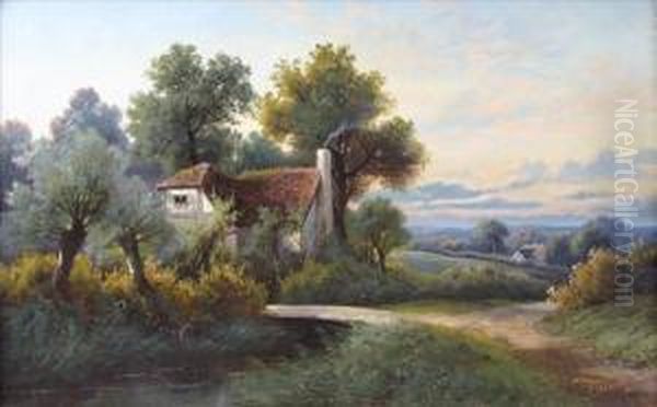 Figure On Ariverside Path Before
A Whitewashed Cottage; Half-timber Cottagewith Stream And Plank Bridge
To Foreground - view 1