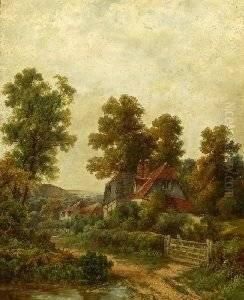 Octavius T. Clarke . Houses Along Country Lane by Octavius Thomas Clark