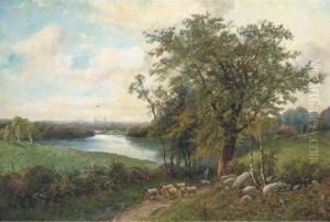 A Shepherd With His Flock On A Riverside Track by Octavius Thomas Clark