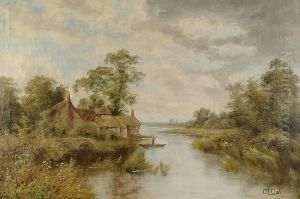 Country River Landscape With Timbered Cottages And Figure Punting