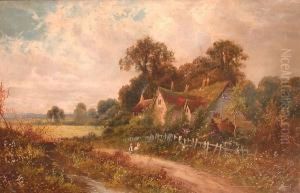 Country Landscape With House And Children On Lane