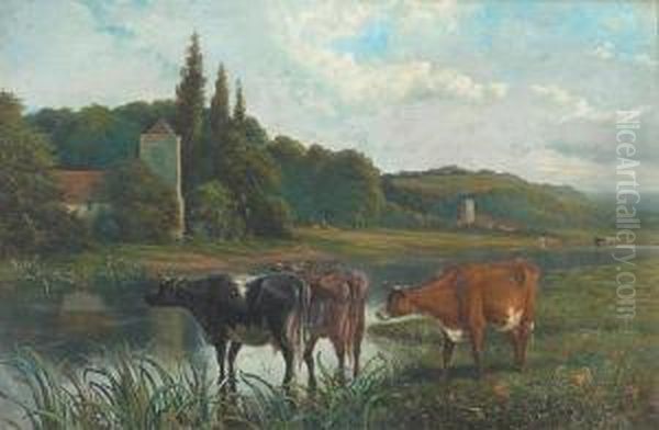 Cattle Watering, Church Beyond And Another In The Distance - view 1