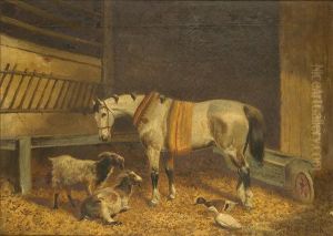 Hunterand Hounds Before A Stable; Stable Interior With Horse, Goats Andducks A Pair