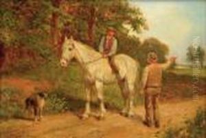 Ryttare Med Hund Och Samtalande Man. Signerad. Duk, 23x34