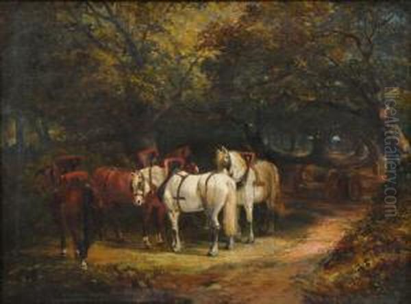 Team Of Horses And A Timberwagon In Woodland, Figure On A Path Beyond - view 1