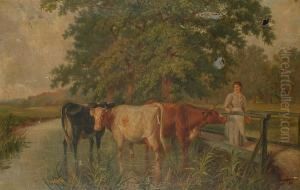 River Landscape, With Lady And Cattle In The Foreground