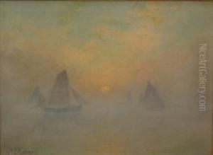 Bateaux Dans La Brume Au Soleil Couchant by Jean Eugene Clary