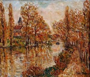 Village En Bord De Riviere A L'automne by Adolphe Clary-Baroux