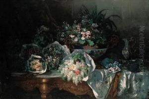 Bouquets Of Flowers, An Imari 
Bowl, A Silver Ewer With Stand Andsugared Almonds On A Draped Marble 
Table