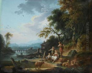 Le Repos D'une Famille De Paysans Dans Un Paysage De Riviere