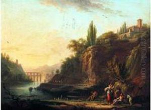 Le Repos Des Promeneurs Et Des Lavandieres Pres D'une Riviere