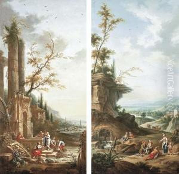 A Landscape With Peasants
Washing Laundry At A Fountain; And Alandscape With Peasants Fishing And
Resting By A River - view 1