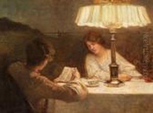 Figures Reading By Lamplight At Dusk by Christian Clausen