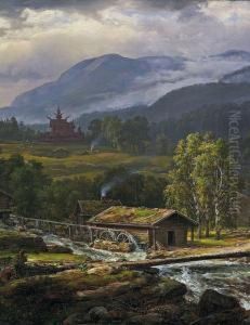 Landschaft Bei Kaupangermit Stabkirche by Johan Christian Clausen Dahl