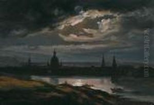 Circle Over Over The Elbe To Dresden At Night by Johan Christian Clausen Dahl