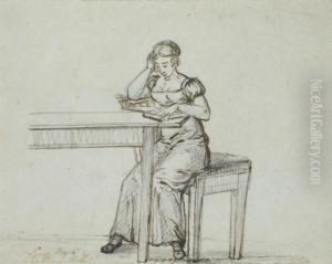 Louise Heger At A Table Reading A Book by Johan Christian Clausen Dahl