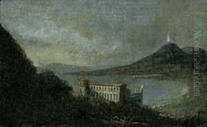 Blick Auf Die Villa Quisisana 
Und Den Golf Von Neapel. Im Hintergrund Der Rauchende Vesuv.
