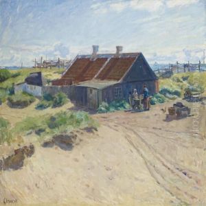 Scenery From Skagen Withwomen By Cottage by Gad Frederik Clement