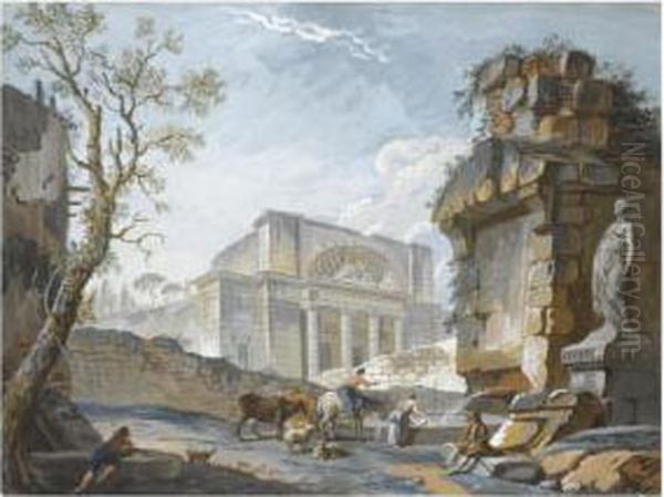 A Pair Of Italianate Landscapes With Figures Among Roman Ruins - view 1