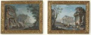 A Pair Of Landscapes With Roman Ruins by Charles Louis Clerisseau