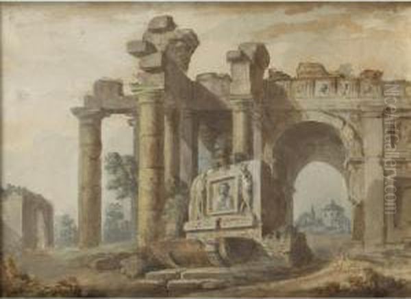 Ruines Romaines [charles Louis 
Clerisseau ; Roman Ruins ; Pen And Brown Ink, Gouache, Watercolour] - view 1