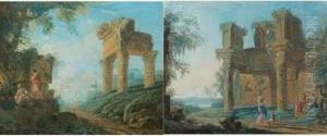 Paire De Paysages De Ruines Animes by Charles Louis Clerisseau