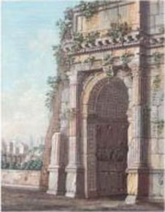View Of A Ruined Triumphal Arch With Fantastical Townscape by Charles Louis Clerisseau