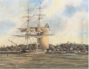 An English Frigate Lying At Anchor Off A Tropical Beach An English Frigate Lying At Anchor Off A Tropical Beach