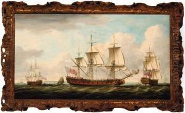 The East Indiaman Northumberland In Three Positions, With Othershipping Off The Downs - view 1