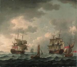 A British Man-o'-war In Two Positions, With Other Vessels Off Acoast by John the Younger Cleveley