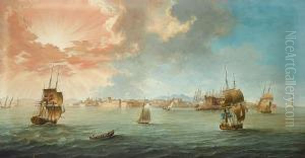 English Danish And Swedish
Merchantmen Amongst Mediterranean Craft Off The
Port Of Leghorn Gulf Of Genoa At Sunset - view 1