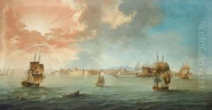 English Danish And Swedish 
Merchantmen Amongst Mediterranean Craft Off The 
Port Of Leghorn Gulf Of Genoa At Sunset