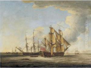 Two British Men-o-war Among Other Ships In An Estuary by John the Younger Cleveley