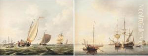 A Dutch Schuyt And Other 
Shipping In A Still Breeze; A Collier And A Fishing Boat In A Calm Sea - view 1