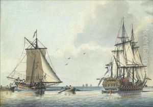 Ships Of The Fleet Becalmed Offfshore With Trading Vessels And Smaller Craft Nearby