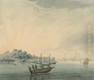 Line Fishing In Plymouth Sound With Warships At Anchor Beyond by Robert Cleveley