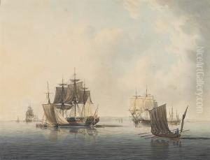 Warships Drying Their Sails Off A Coastal Town by Robert Cleveley