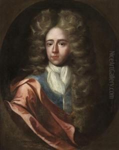Portrait Of A Gentleman, Bust-length, In A Blue Coat And Redmantle by Johann Closterman