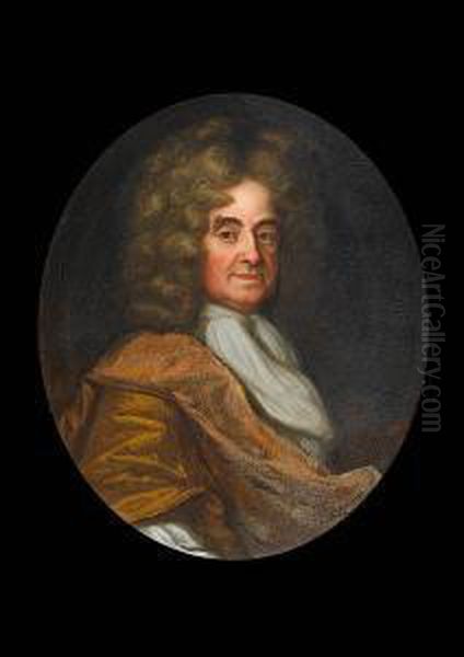 Portrait Of A Gentleman, Said To
Be George Nodes, Bust-length, In A Gold Wrap; And Portrait Of A Lady,
Said To Be Ann Nodes, In A Gold Dress With A White Chemise And A Blue,
Gold-trimmed Wrap - view 1