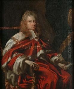 Portrait Of George Jeffreys, 1st
 Baron Jeffreys Of Wem (1648-1689), Seated Small Three-quarter-length, 
In Judges Robes, Holding A Scroll