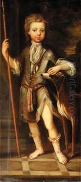 Portrait Of A Boy, Full Length, 
Holding A Staff Beside A Dog On Aterrace; And Portrait Of A Girl, Full 
Length, In A Satin Dress Andblue Cloak - view 1