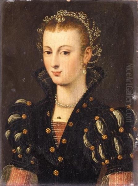 Portrait Of A Noblewoman Half Length Wearing A Black 

 Dress And An Elaborate Headress Said To Be Elisabeth De 

 Valois - view 1