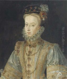 Portrait Of Maria Of Austria, Half-length, In A Silver Silkdress by Francois Clouet