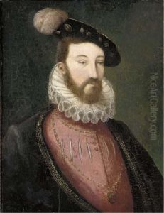 Portrait Of A Bearded Nobleman, 
In A Pink Slashed Doublet With Awhite Ruff And A Black Jacket, Wearing A
 Medallion And A Black Capwith A Plume