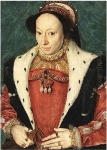 A Portrait Of A Lady, Half
Length, Wearing A Red Dress With Lace And Gold Embroidered Collar And
Sleeves, A Black Hermelin Trimmed Coat And A Headdress by Francois Clouet
