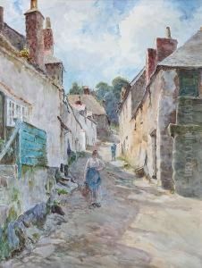 A Welsh Street With Lady By Cottages by Tom Clough