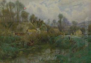 Extensive River Landscape With Figure Fishing In The Foreground,cottages Beyond by Tom Clough