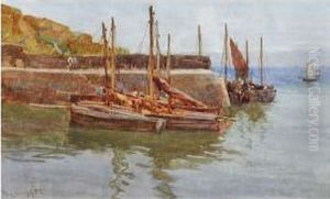 Fishing Boats Off A Quayside by Tom Clough