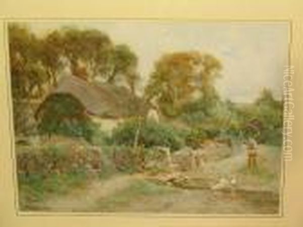Country Lane With Farmer Passing Before A Cottage, And Ducks At A Stream - view 1