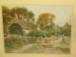 Country Lane With Farmer Passing Before A Cottage, And Ducks At A Stream Country Lane With Farmer Passing Before A Cottage, And Ducks At A Stream